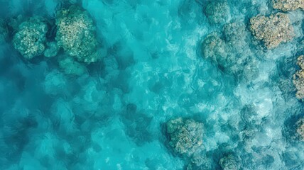 Fototapeta premium Overhead View of a Vibrant Coral Reef in Shallow Turquoise Waters with Rock Formations