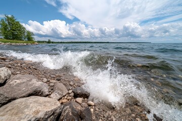 Lake shore waves crashing on rocks