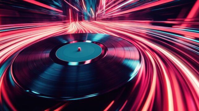 Vinyl Record in a Neon Light Trails
