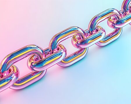 A close-up of a shiny, metallic chain with a holographic finish, reflecting vibrant pink and blue hues against a soft, gradient background