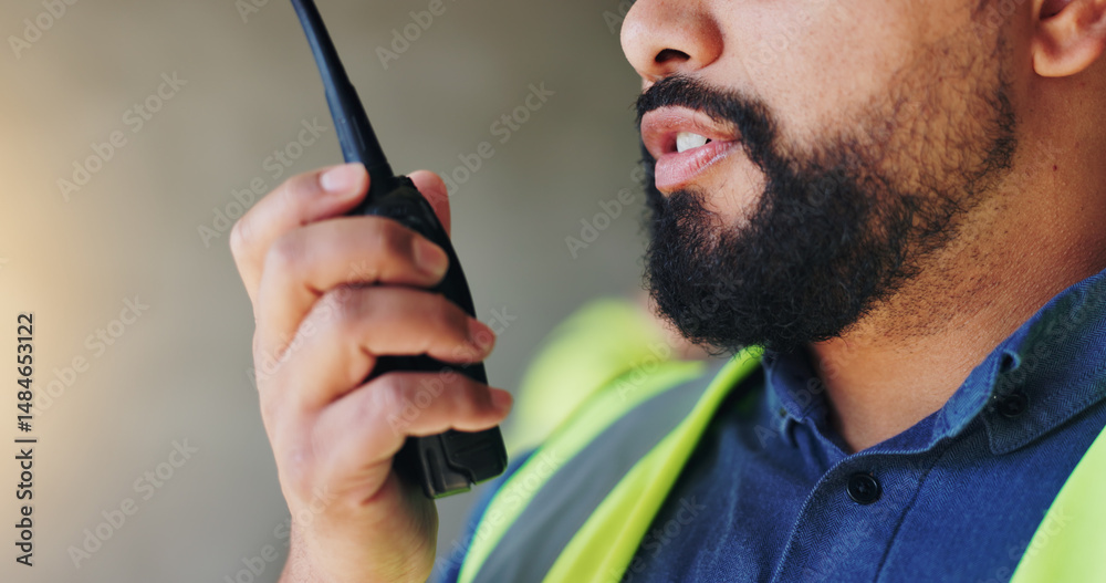 Poster Engineering, radio and man with closeup, communication and instructions for project development. Person, employee and architecture with inspection, conversation and advice for real estate and safety