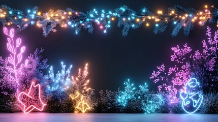 A dark background with neon lights forming a frame of plants and festive shapes