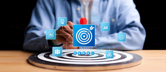 White dartboard and White arrow connection linkage with human icon for customer focus target group and customer relation management concept.