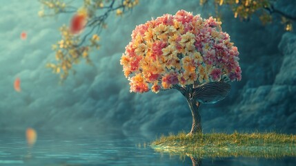 Wellness Abstract. Human Brain Tree in Bloom, Promoting Mental Health and Positive Thinking