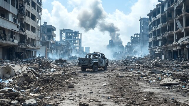 A deserted street in a war-torn city, filled with rubble and debris, with a single vehicle driving through