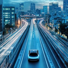 Autonomous electric vehicle driving on a highway at night in a futuristic city.