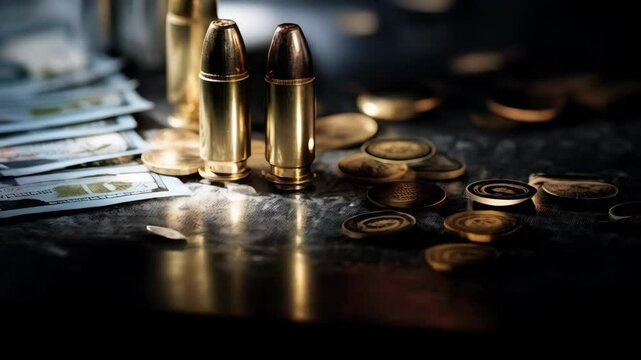 Ammunition rounds, bank notes and gold coins arranged in cinematic close-up on a dark textured surface.