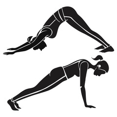 Black silhouette figures in various yoga poses such as tree pose, downward dog, cobra, warrior, lotus, and triangle pose vector.