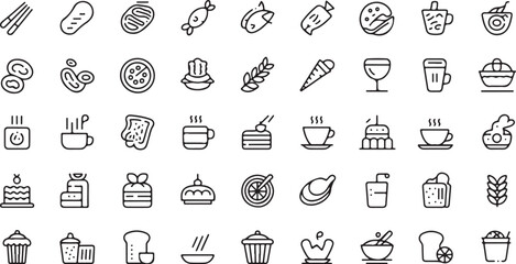 Minimalist food icons, black and white line drawings, cafe and bakery items, croissant, potted plant, milk bottle, drink cup, bowl, cocktail glass, hot dog, coffee cup, baguette, to-go cup, mug