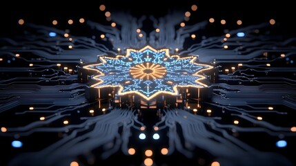 Fototapeta premium A glowing blue and gold star-shaped symbol is centered on a dark circuit board with lines of glowing lights