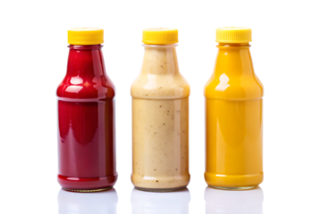 Three condiment bottles with yellow caps in a row showcasing different sauce colors and textures clearly