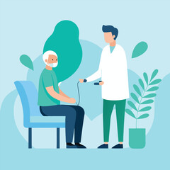 Doctor checking senior patient s pulse with a medical device in a clinic