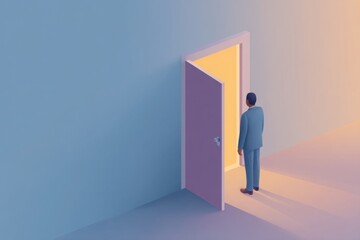 Man standing before an open door in a minimalist setting at dusk contemplating new possibilities and opportunities
