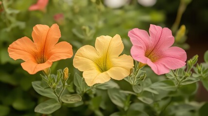 Obraz premium Petunia Flowers in Vibrant Hues of Orange, Yellow and Pink Against a Green Background
