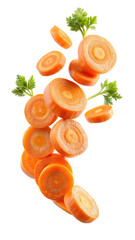 flying carrot with round slices isolated on transparent white background, clipping path