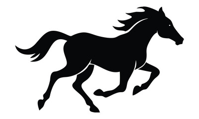 Set of silhouette of horses. Isolated black silhouette of galloping, jumping running, trotting, rearing horse on white background. Side view.