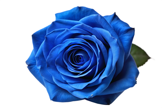 Close up shot of a vibrant blue rose with visible petals and a single green leaf on black background