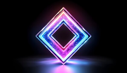 A glowing neon diamond shape with pink and blue lighting on a black background