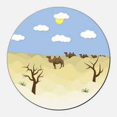 Cartoon Style Camels Walking Through Desert Dunes with Trees Under a Sunny Sky. Vector illustration