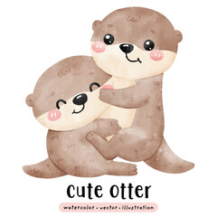 Cute kawaii otter and fish in watercolor vector illustration