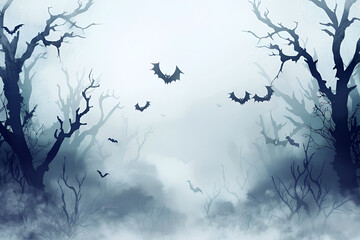 Foggy Halloween Forest Background with Flying Bats and Creepy Haunted Ambience