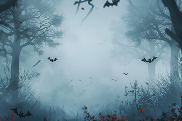 Creepy Halloween Background of Foggy Forest with Shadows and Flying Bats at Night