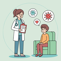 Female Doctor Consulting a Young Boy Patient about Virus Infection and Treatment