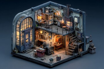 Steampunk workshop diorama with aged details