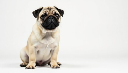 Obraz premium Adorable pug dog sits alone against white background, nose, friend, white