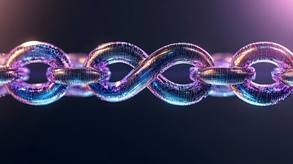 A metallic chain forms an infinity symbol against a dark background with purple and blue highlights
