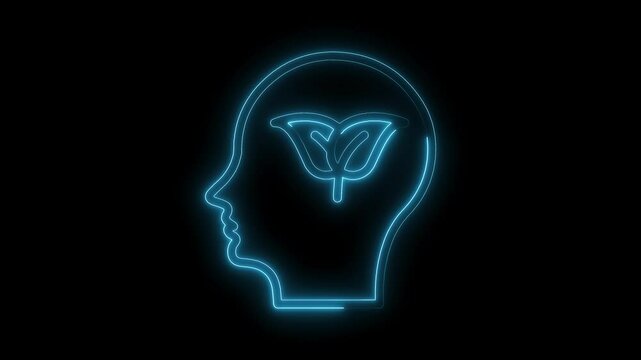 Human head silhouette with psi symbol inside neon glow psychology and mental health concept