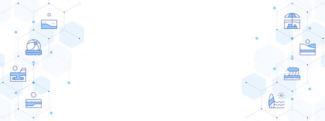 Beach Banner Vector Illustration with Two-sided Icon Style. Line Duotone icon. Containing. beach, beach ball, waves