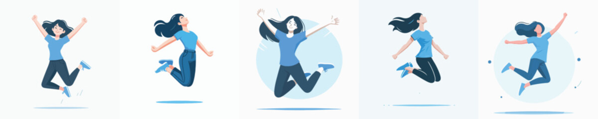 A woman in blue is happy and jumping. Vector illustration