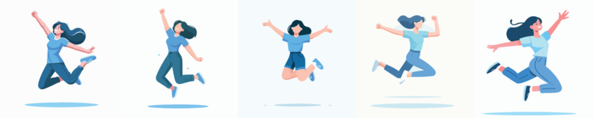 A woman in blue is happy and jumping. Vector illustration