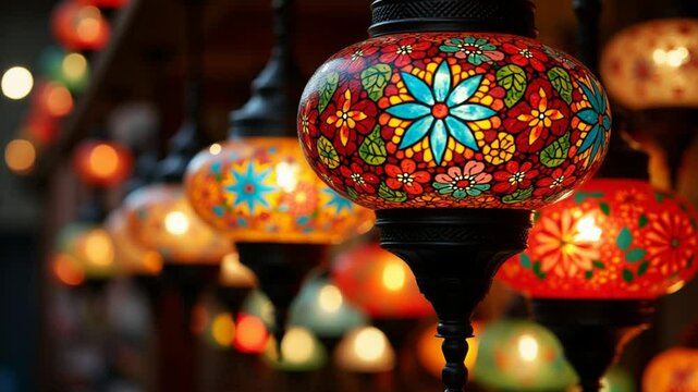 Bright multi-colored Turkish lamps hang in the store shine in different colors mosaic Colored stars and flowers painted on the lamps themselves They look like a light ball