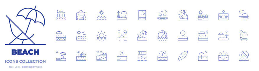 Beach icons collection. Thin Line icons, editable stroke. sun, surfing board, sunset, sea, sunrise, beach, beach volleyball, beach sunset, beach cabana