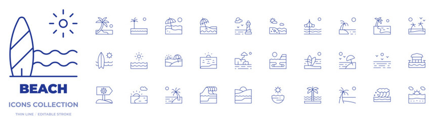 Beach icons collection. Thin Line icons, editable stroke. surfboard, sea, waves, sunset, beach, rocky