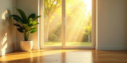 Golden hour sunlight streams through window onto polished hardwood floor, leafy plant in corner , home, plant, room