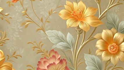 Obraz premium Elegant floral fabric with pastel blooms and gold accents.
