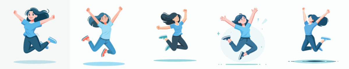 A woman in blue is jumping happily. Vector illustration