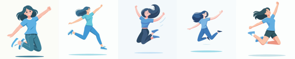 A woman in blue is jumping happily. Vector illustration