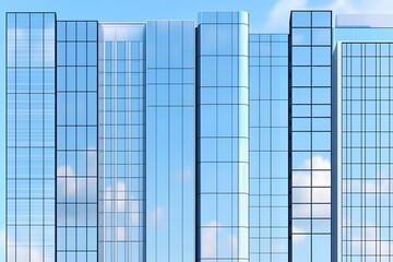 A row of modern glass skyscrapers against a bright blue sky with fluffy white clouds reflected in the windows