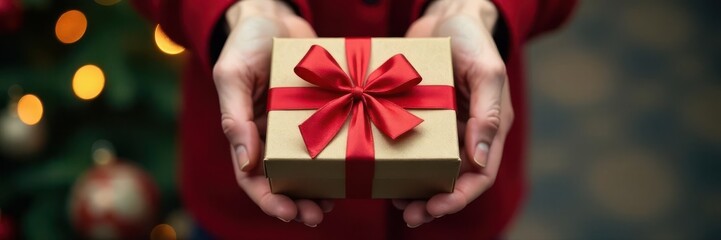 Open holiday gift box, hands holding, top view, wrapping, gift