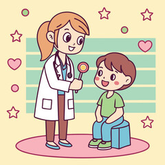 Friendly Female Doctor Examining a Happy Child with a Lollipop