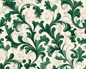 A seamless pattern featuring intricate, swirling green foliage on a cream background