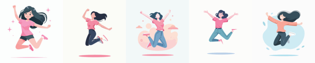 Vector illustration of a woman in pink dress very happy and jumping.