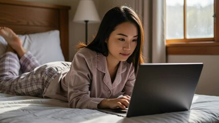 Smiling asian woman in pajamas using a laptop while lying on bed in a bright room, enjoying a relaxed remote work moment. - Powered by Adobe