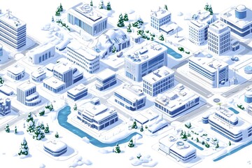 Fototapeta premium A snowy cityscape with tall buildings, winding roads, and a river, all covered in snow