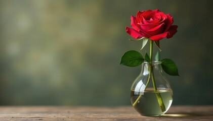 Single red rose in glass vase, olive textured background Vertical, copyspace , vibrant, single