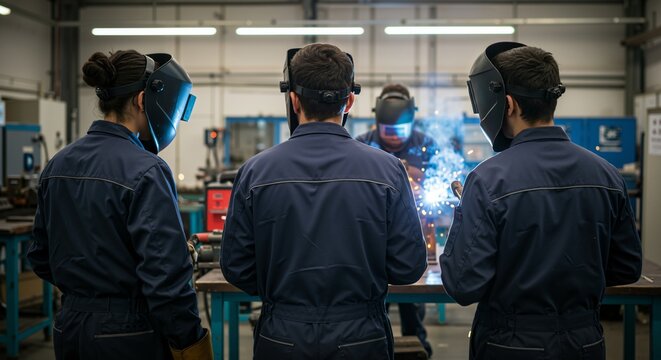 Three welders in protective gear, viewed from behind, observe a colleague performing welding with bright sparks in an industrial workshop setting.